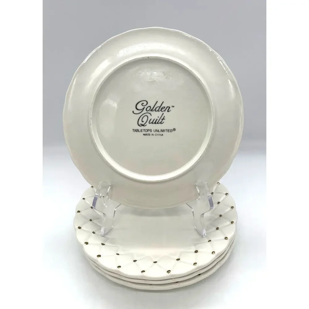 Tabletops Unlimited Embossed Golden Quilt w/ Gold Dots Set of 4 Salad Plates 8